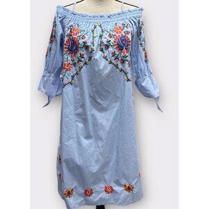 Vadim‎ Womans L Blue Floral Embroidered Off The Shoulder Dress Romantic Summer